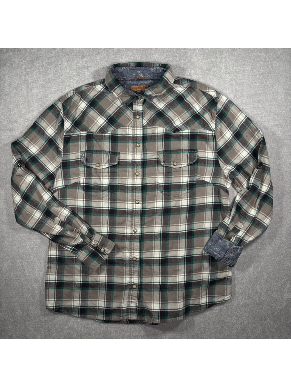 Jachs Girlfriend Bea Plaid Western Flannel Shirt Green Gray Snap Front Size XL